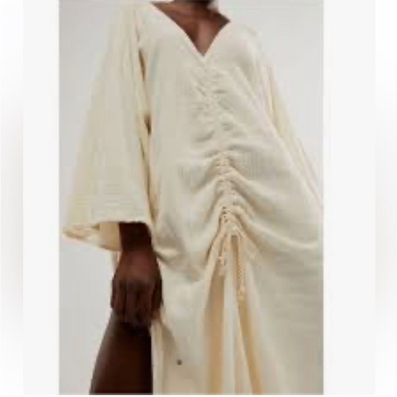 Free People x Jen’s Pirate Booty Folksong Kaftan Dress Cream Ruched V-Neck M/L - Picture 2 of 9